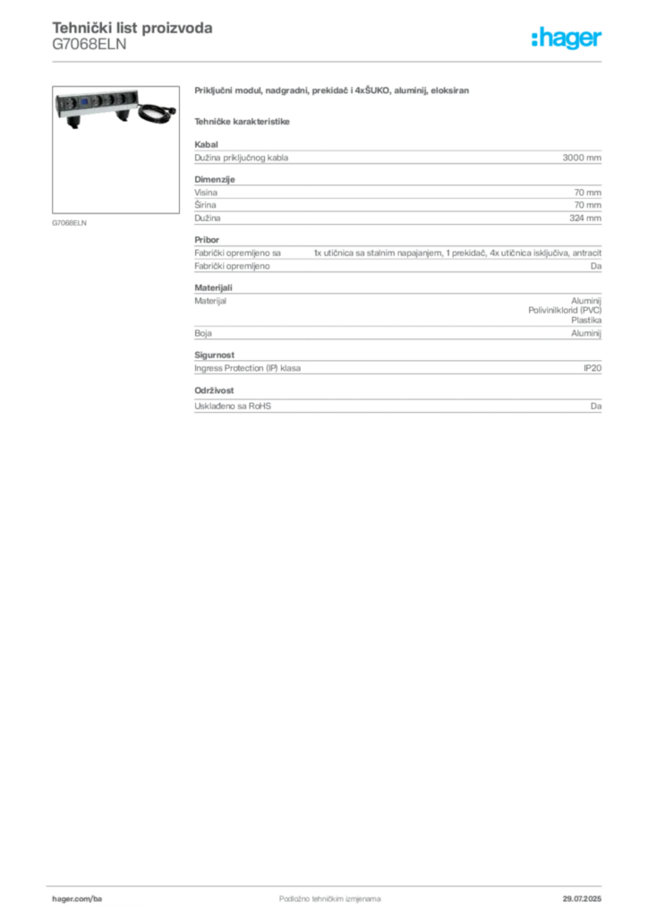 Slika Hager Product data sheet G7068ELN  | Hager