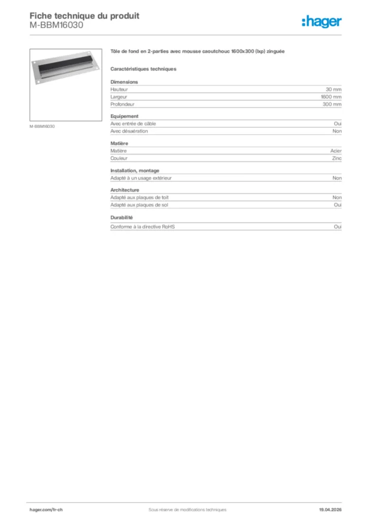 Image Hager Fiche technique du produit M-BBM16030 | Hager Suisse
