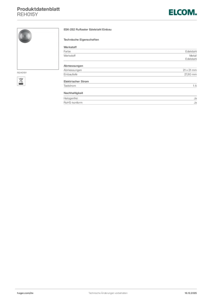 Bild Elcom Produktdatenblatt REH015Y | Hager Deutschland