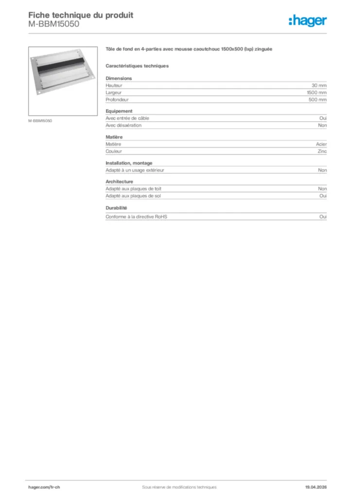 Image Hager Fiche technique du produit M-BBM15050 | Hager Suisse
