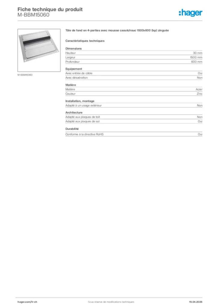 Image Hager Fiche technique du produit M-BBM15060 | Hager Suisse
