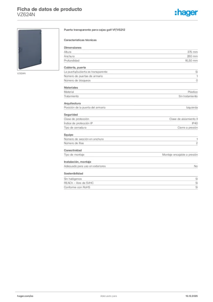 Imagen Hager Ficha de datos de producto VZ624N | Hager España