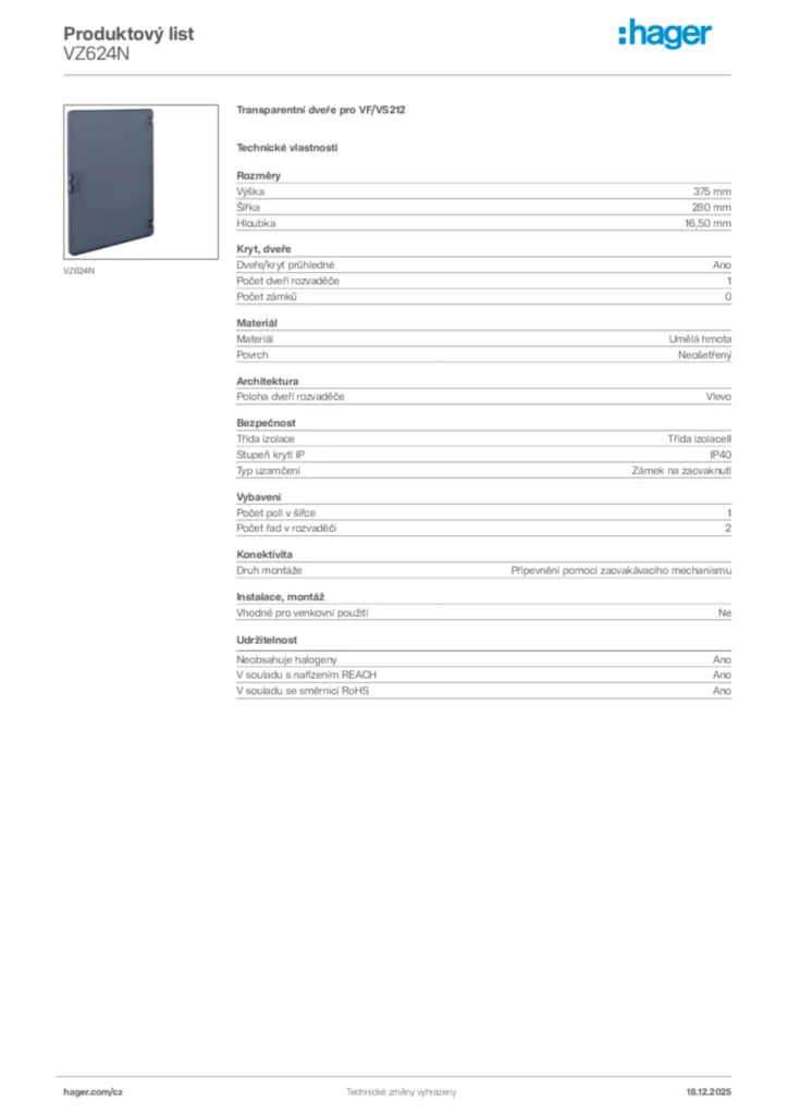 Obrázek Hager Produktový list VZ624N | Hager