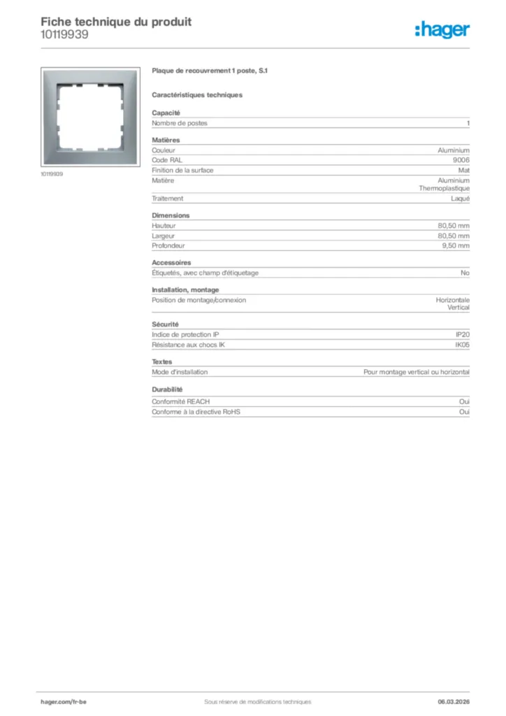 Image Hager Fiche technique du produit 10119939 | Hager Belgique