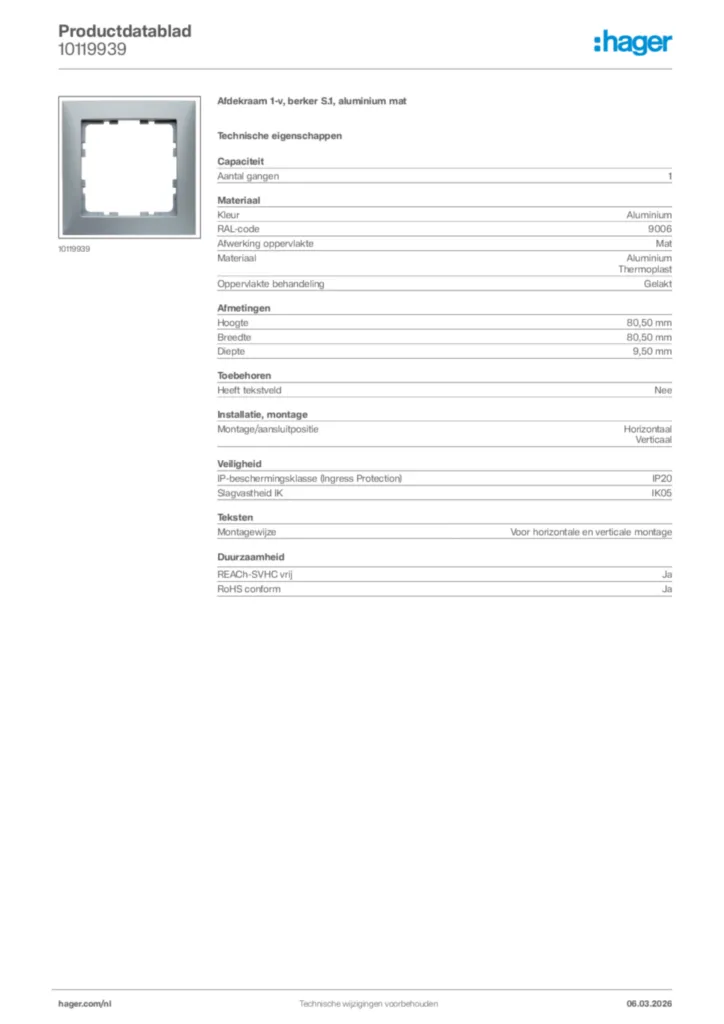 Afbeelding Hager Productdatablad 10119939 | Hager Nederland