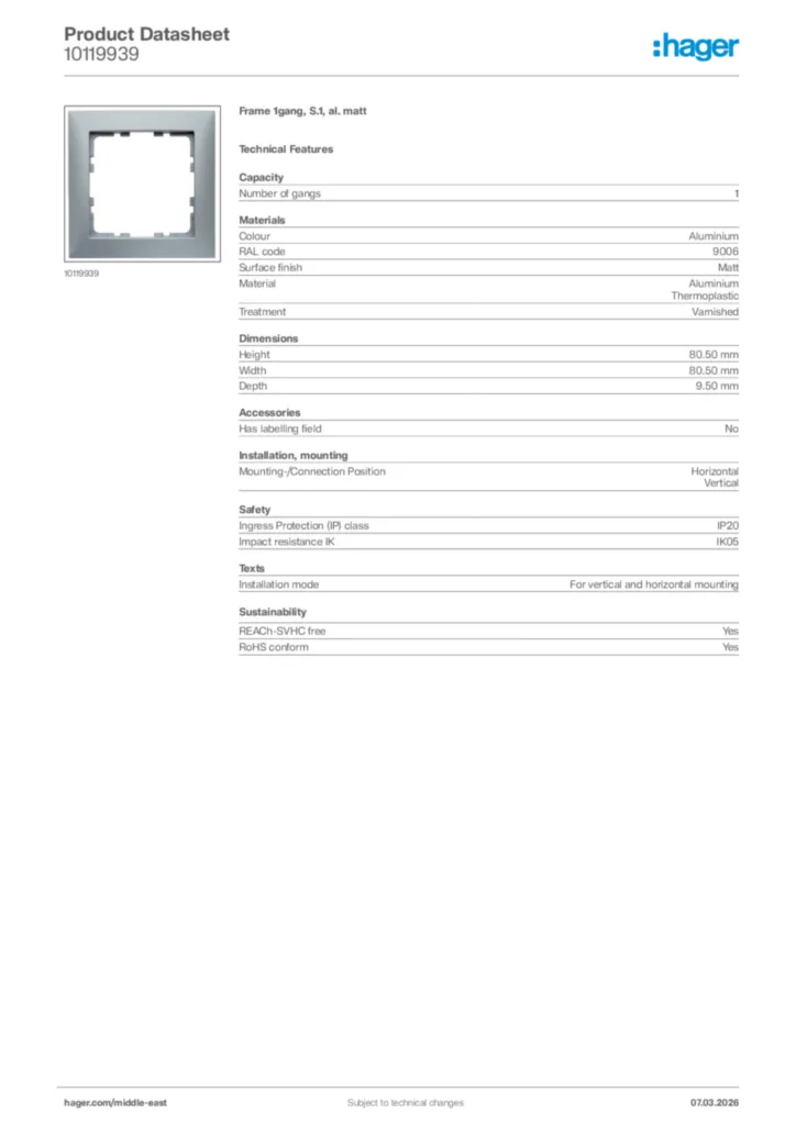 Image Hager Product data sheet 10119939  | Hager