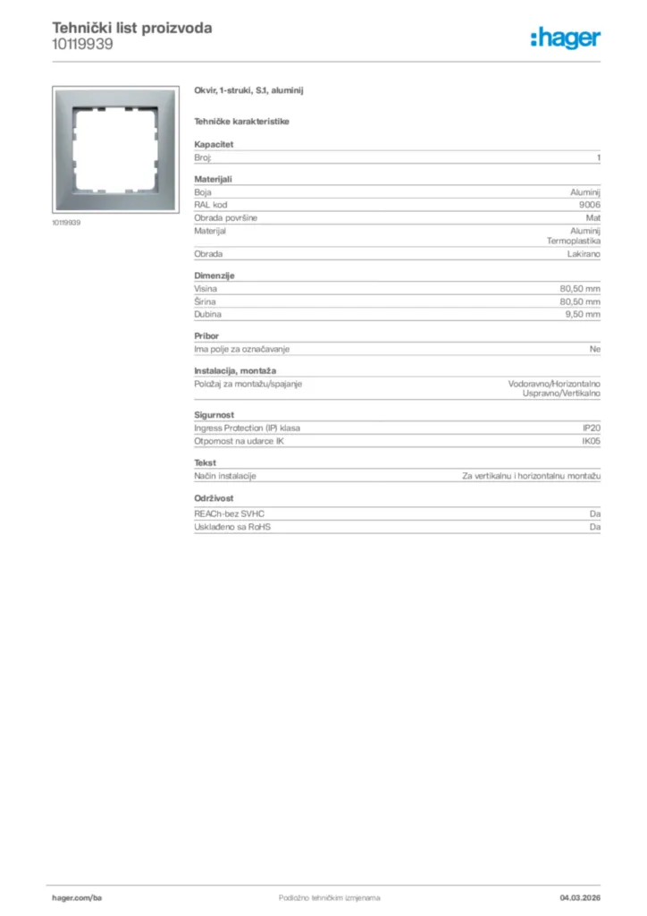 Slika Hager Tehnički list proizvoda 10119939  | Hager