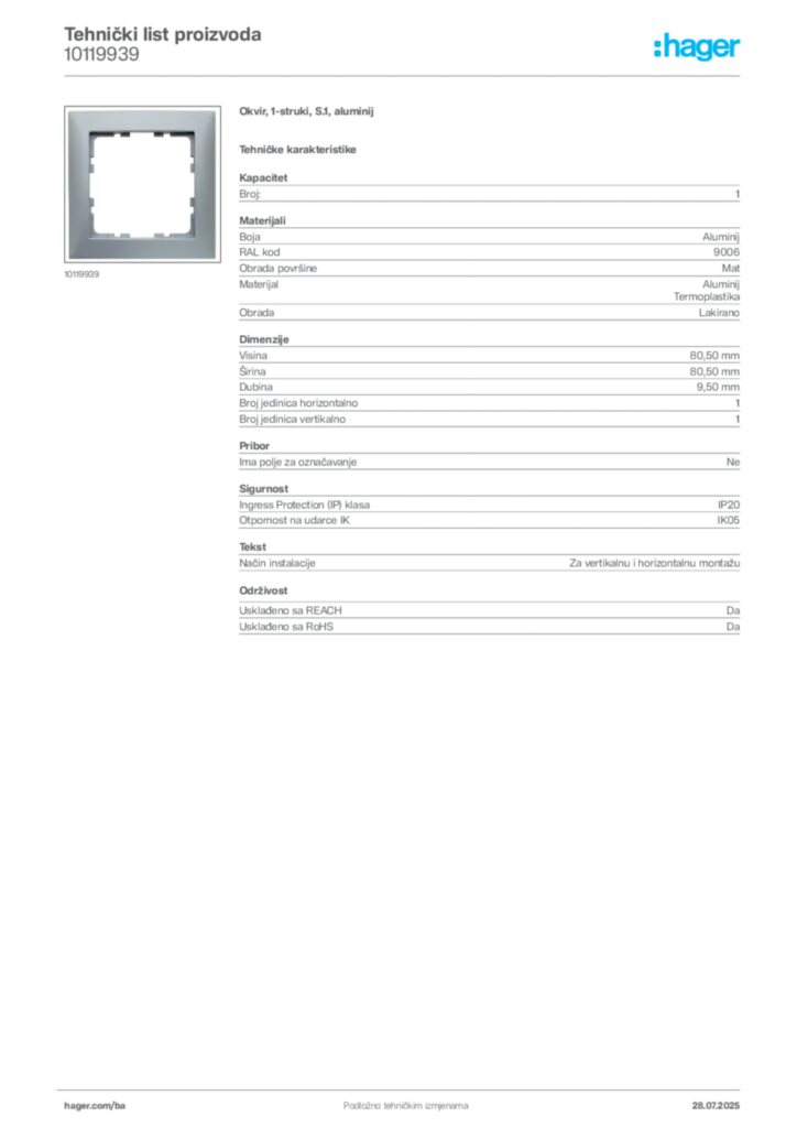Slika Hager Product data sheet 10119939  | Hager