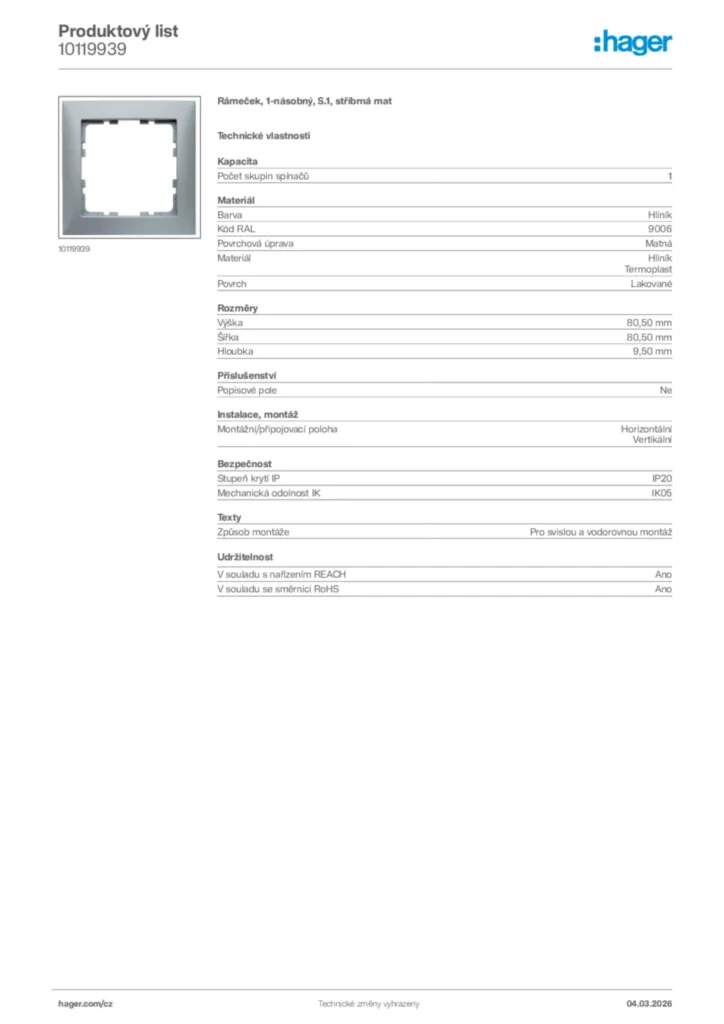 Obrázek Hager Product data sheet 10119939 | Hager