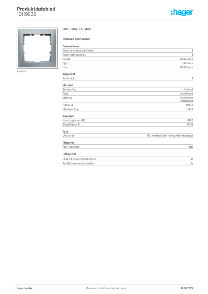 Bild Hager Produktdatablad 10119939 | Hager Sverige