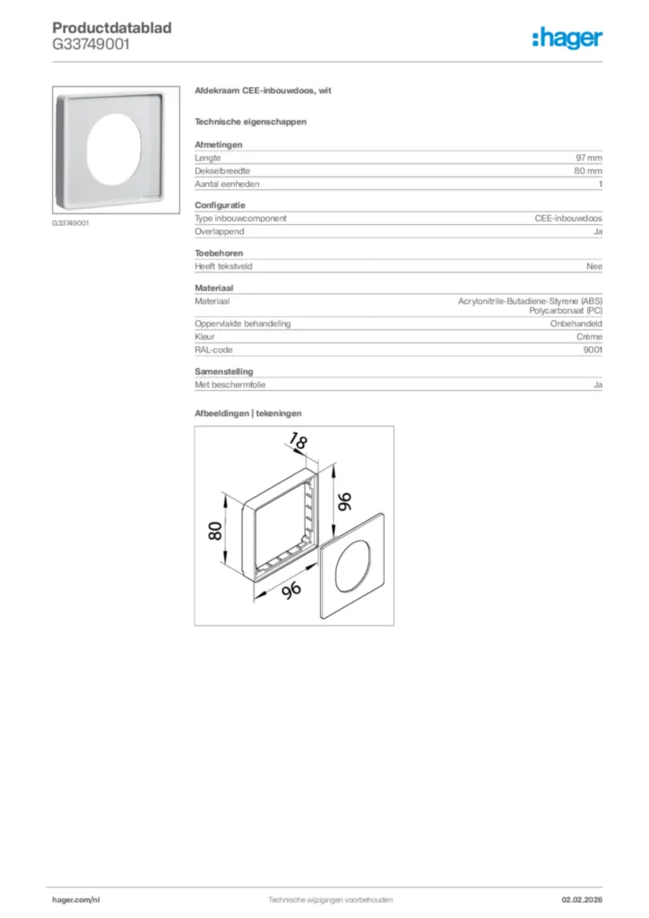 Afbeelding Hager Productdatablad G33749001 | Hager Nederland