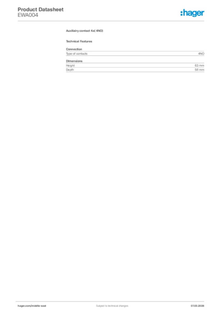 Image Hager Product data sheet EWA004  | Hager