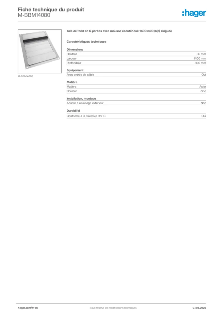 Image Hager Fiche technique du produit M-BBM14080 | Hager Suisse