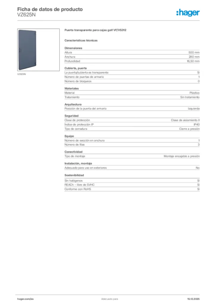 Imagen Hager Ficha de datos de producto VZ625N | Hager España