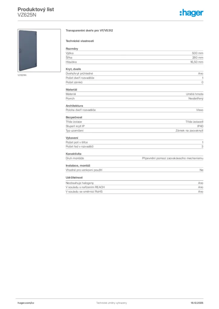 Obrázek Hager Produktový list VZ625N | Hager