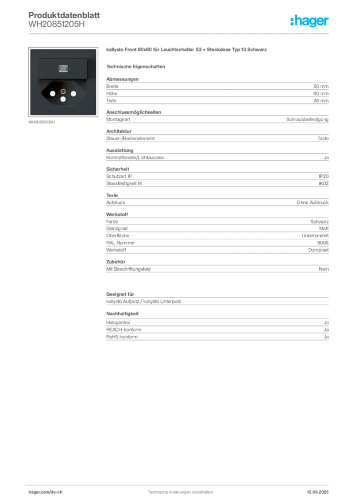 Bild Hager Produktdatenblatt WH20851205H | Hager Schweiz