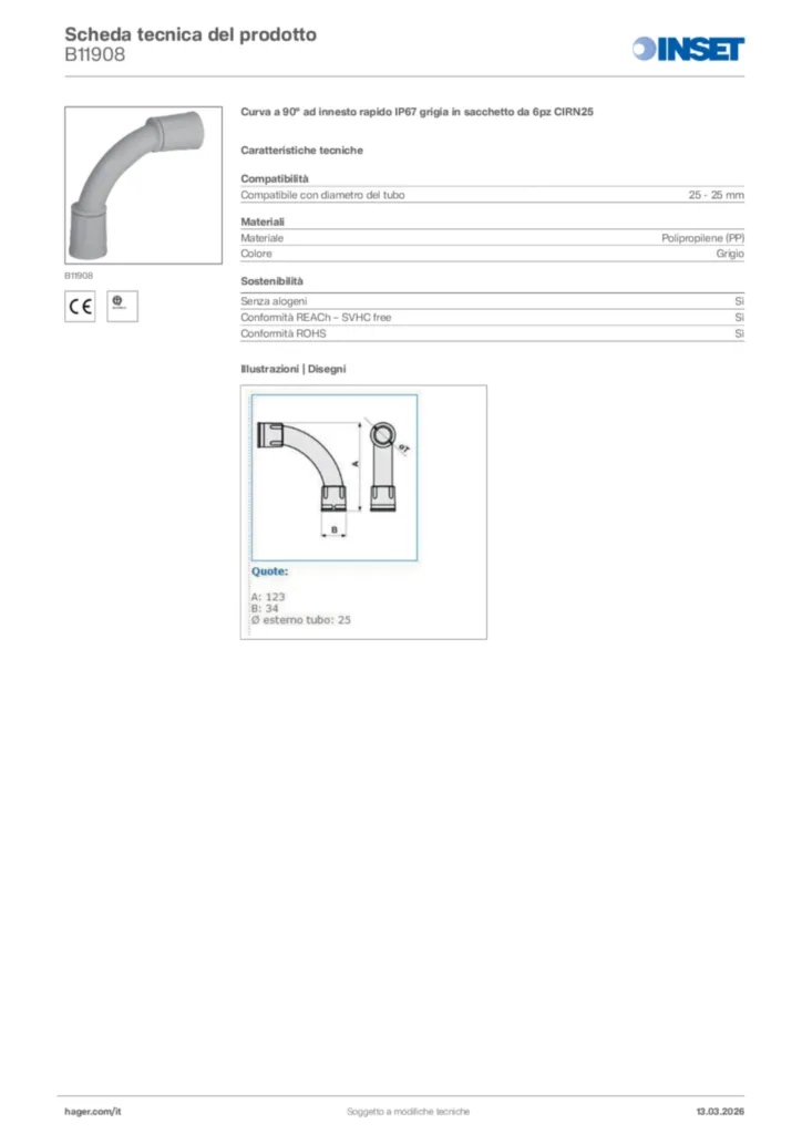 Immagine Inset Scheda tecnica del prodotto B11908 | Hager Italia