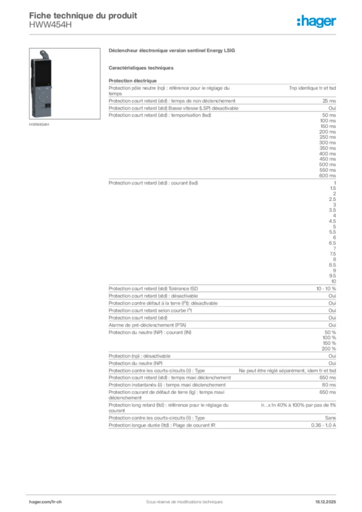 Image Hager Fiche technique du produit HWW454H | Hager Suisse