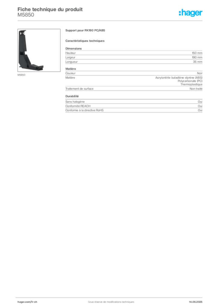 Image Hager Fiche technique du produit M5850 | Hager Suisse