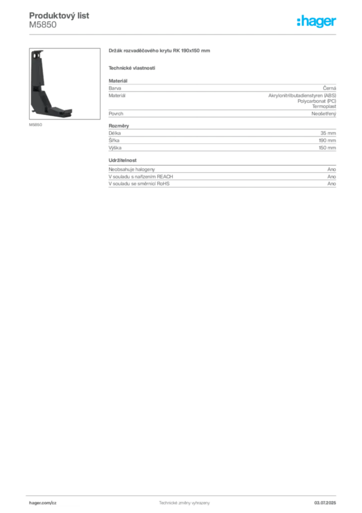 Obrázek Hager Produktový list M5850 | Hager