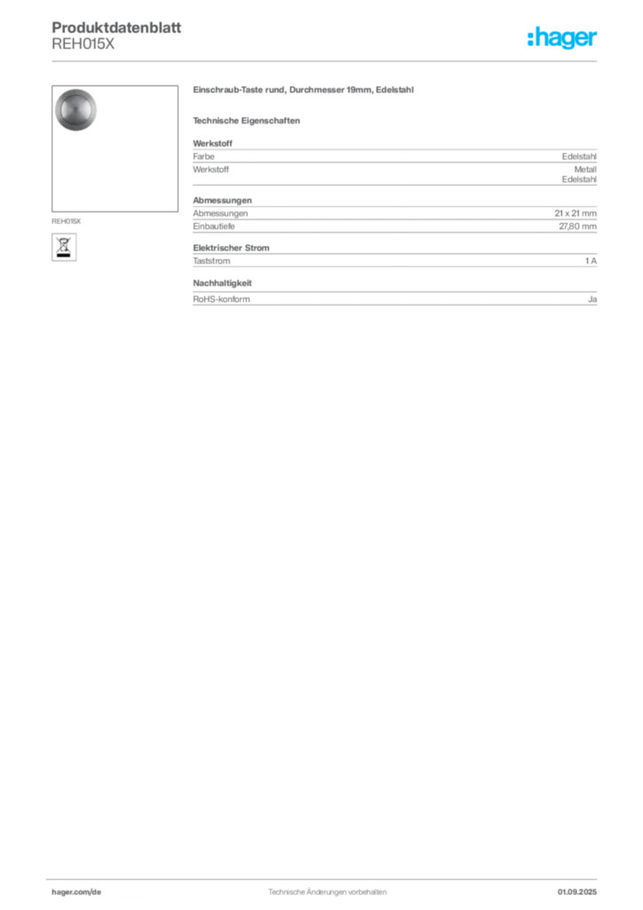 Bild Hager Produktdatenblatt REH015X | Hager Deutschland