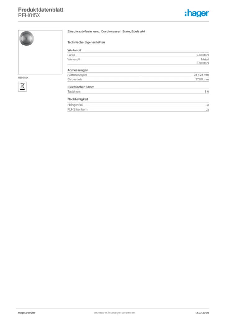 Bild Hager Produktdatenblatt REH015X | Hager Deutschland