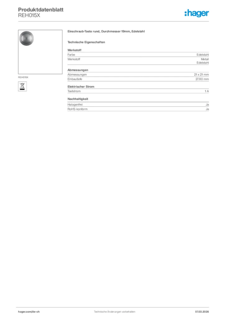 Bild Hager Produktdatenblatt REH015X | Hager Schweiz