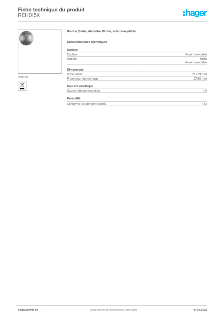 Image Hager Fiche technique du produit REH015X | Hager Suisse