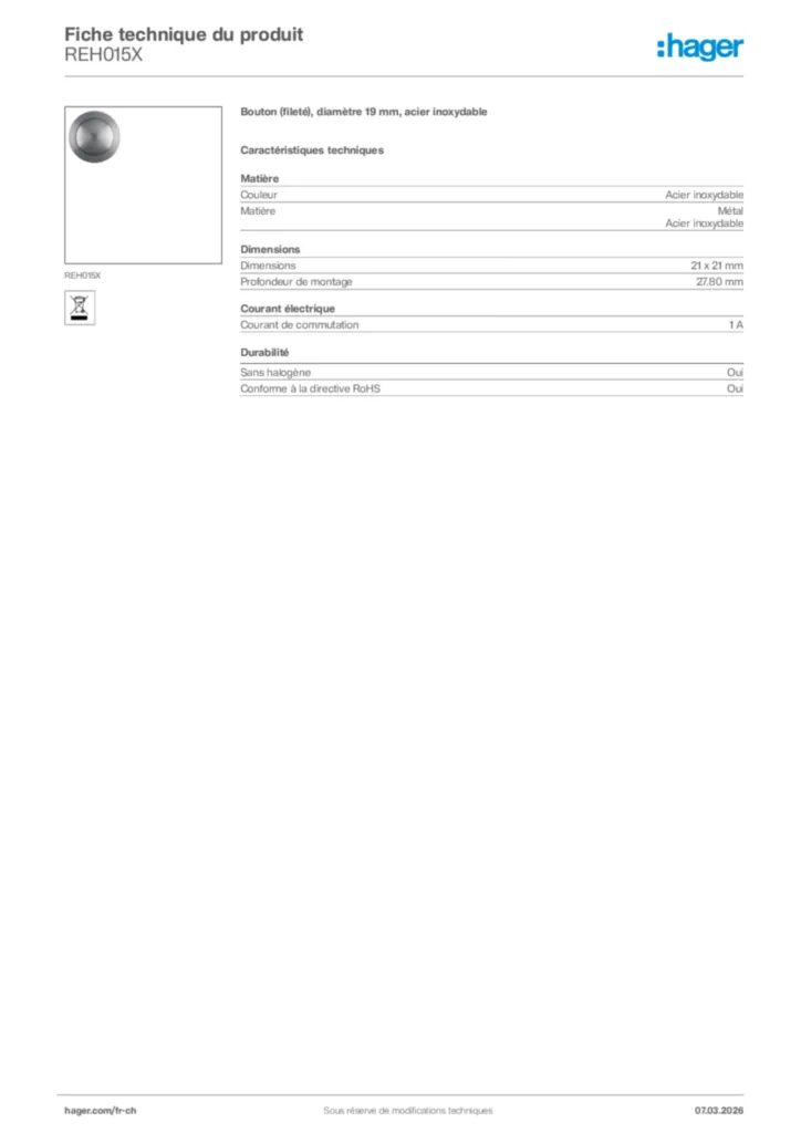 Image Hager Fiche technique du produit REH015X | Hager Suisse