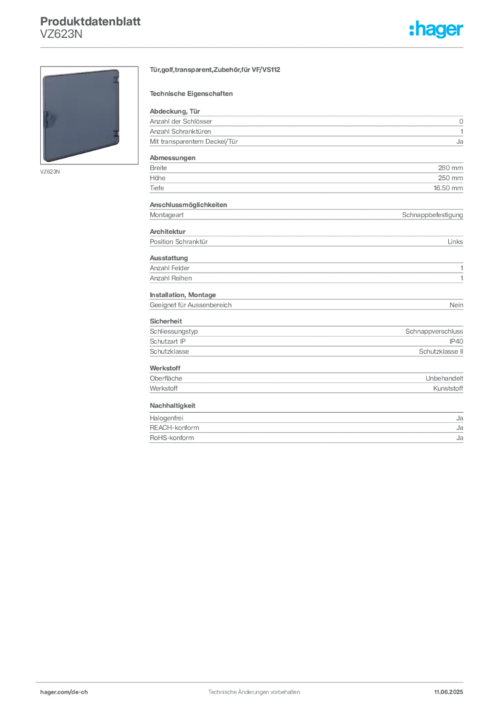 Bild Hager Produktdatenblatt VZ623N | Hager Schweiz
