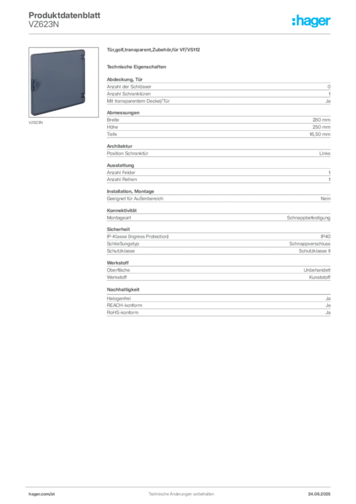 Bild Hager Produktdatenblatt VZ623N | Hager Deutschland