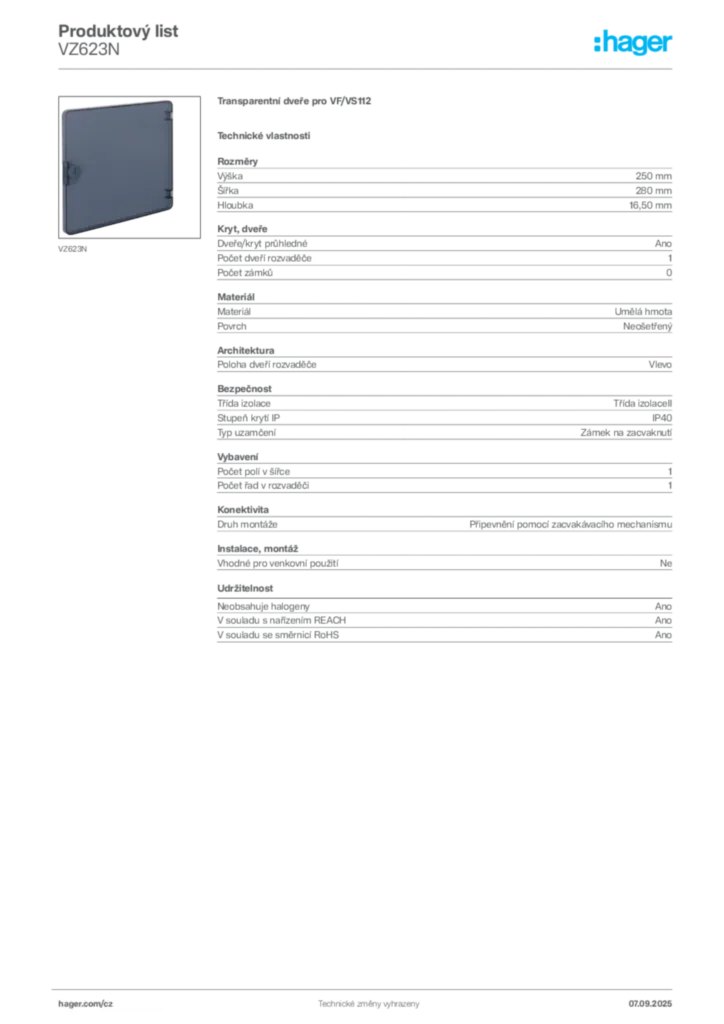 Obrázek Hager Produktový list VZ623N | Hager