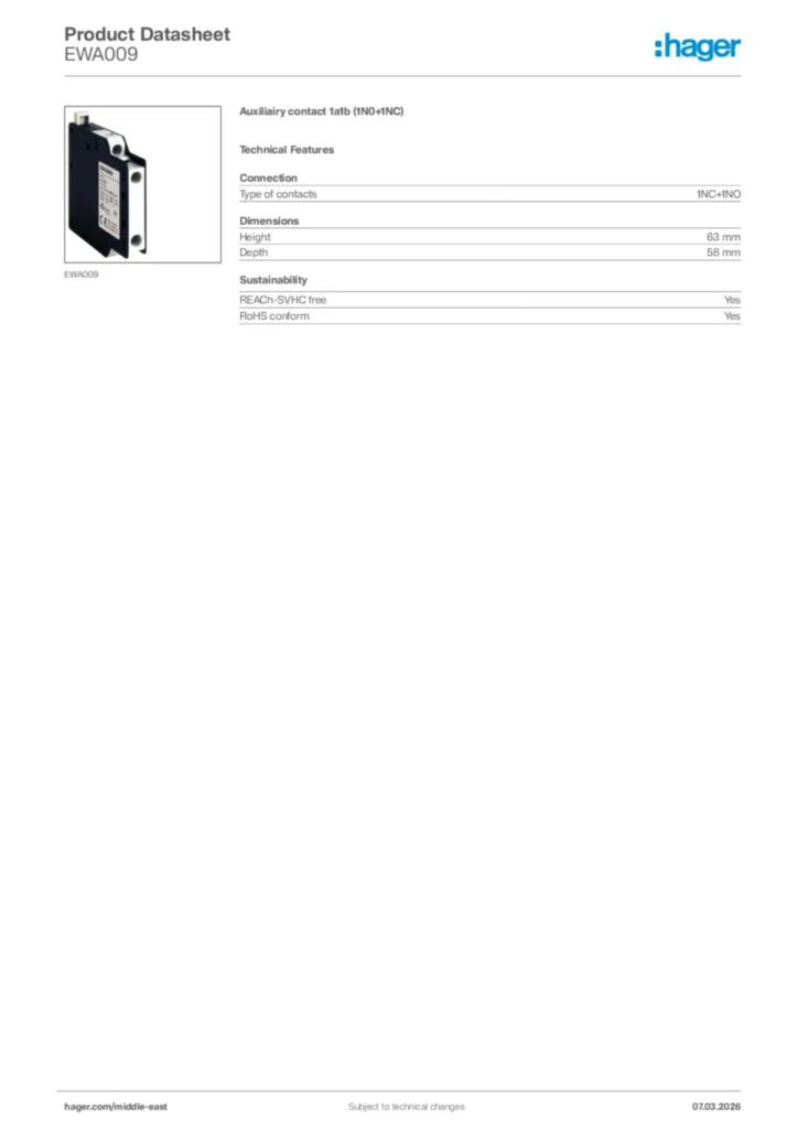 Image Hager Product data sheet EWA009  | Hager