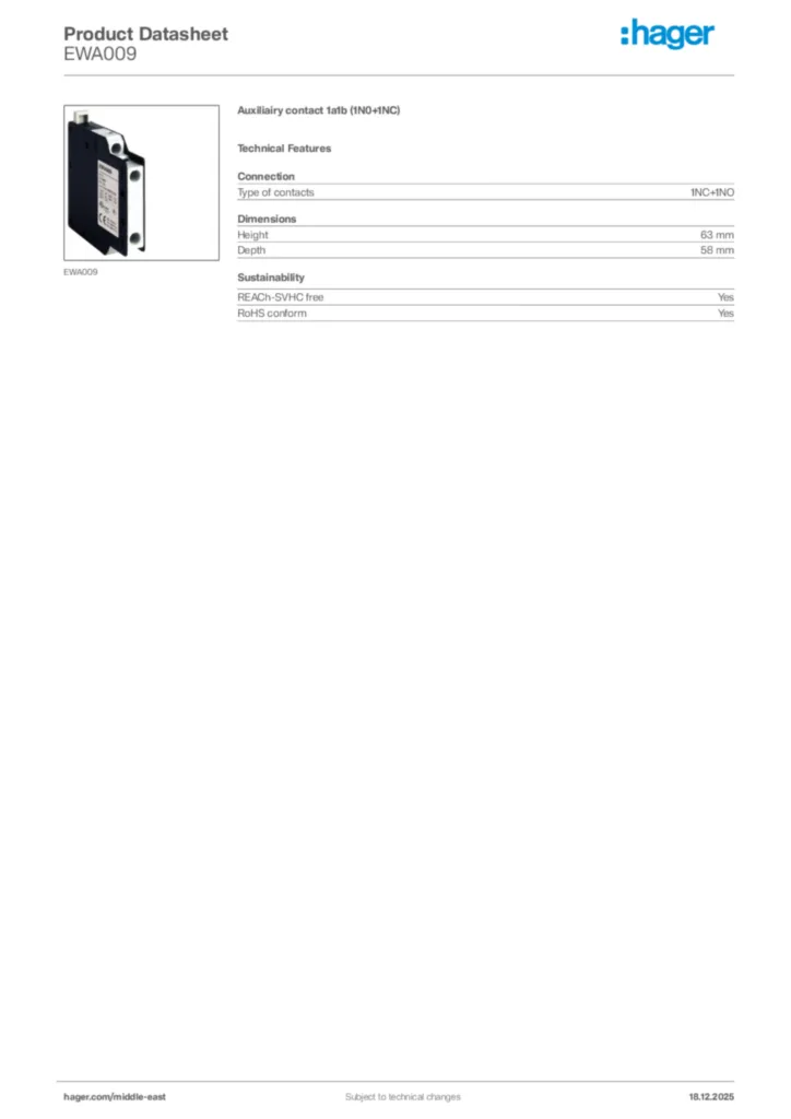 Image Hager Product data sheet EWA009  | Hager