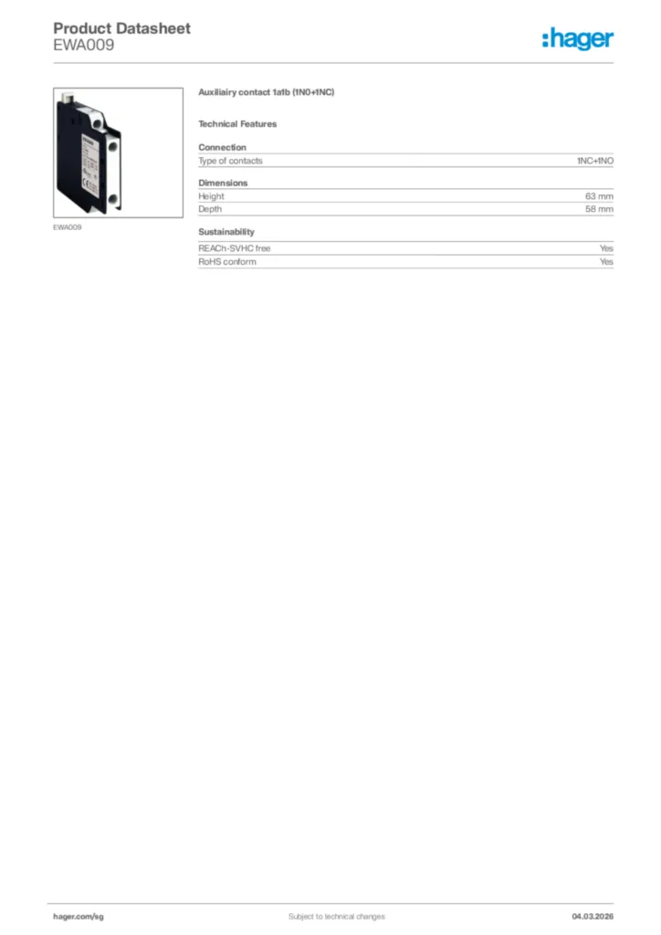 Image Hager Product data sheet EWA009  | Hager
