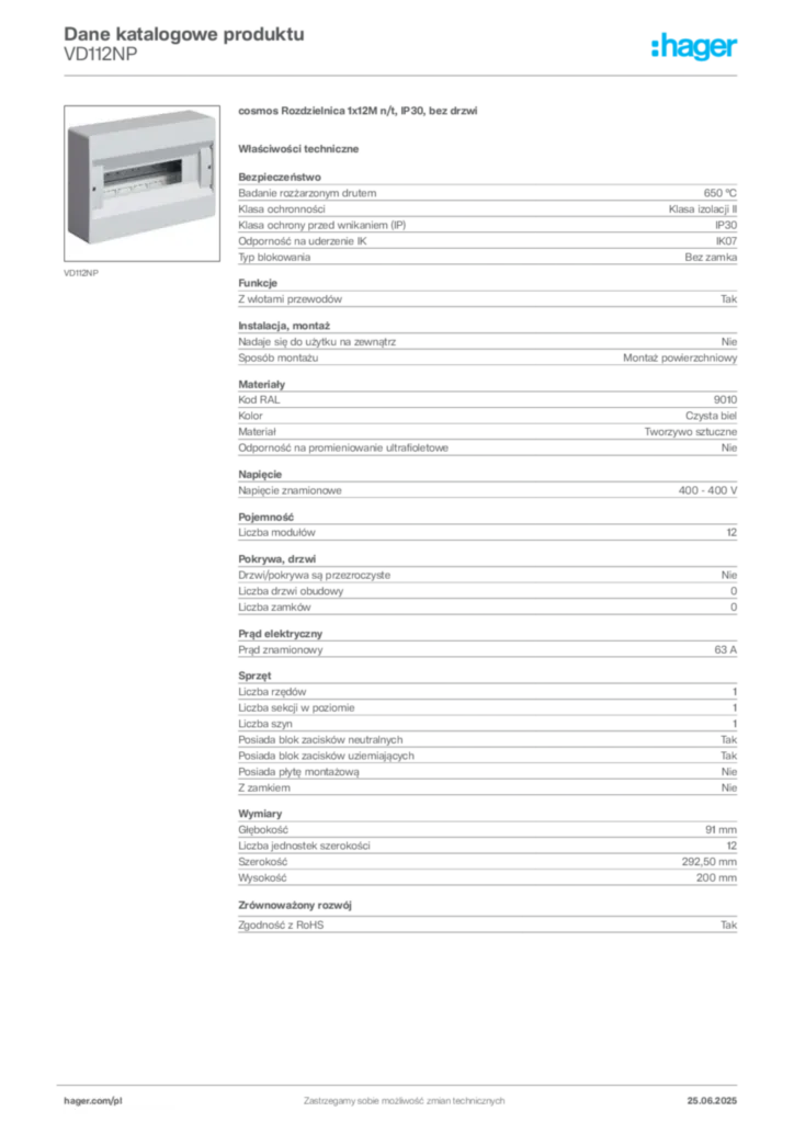 Zdjęcie Hager Karta katalogowa VD112NP | Hager Polska