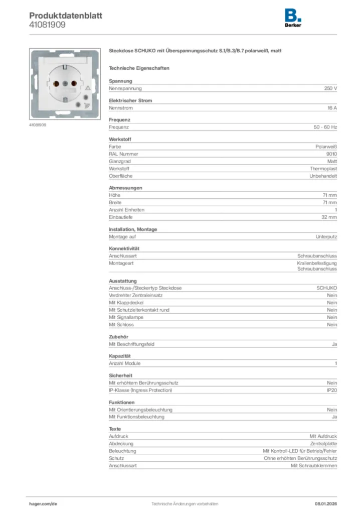 Bild Berker Produktdatenblatt 41081909 | Hager Deutschland