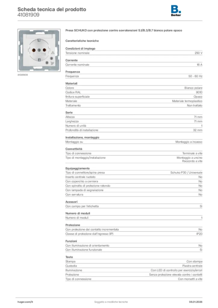 Immagine Berker Scheda tecnica del prodotto 41081909 | Hager Italia