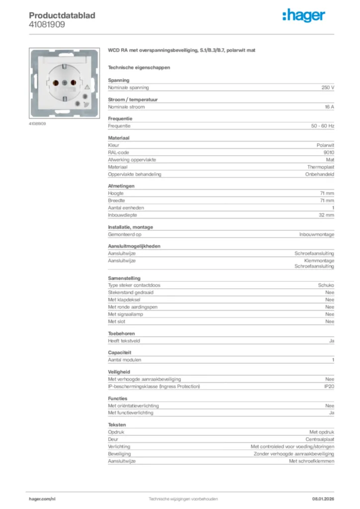 Afbeelding Hager Productdatablad 41081909 | Hager Nederland