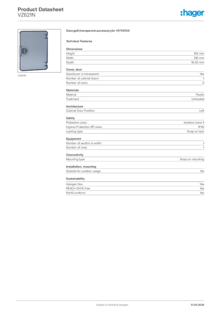 Image Hager Product data sheet VZ621N  | Hager Africa