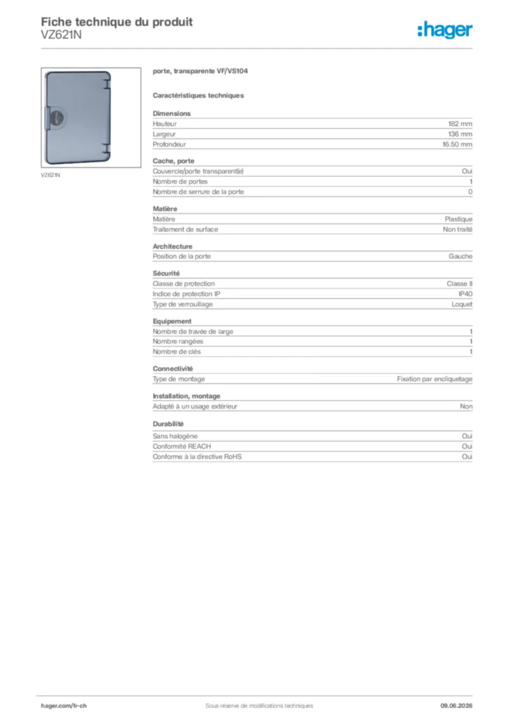 Image Hager Fiche technique du produit VZ621N | Hager Suisse