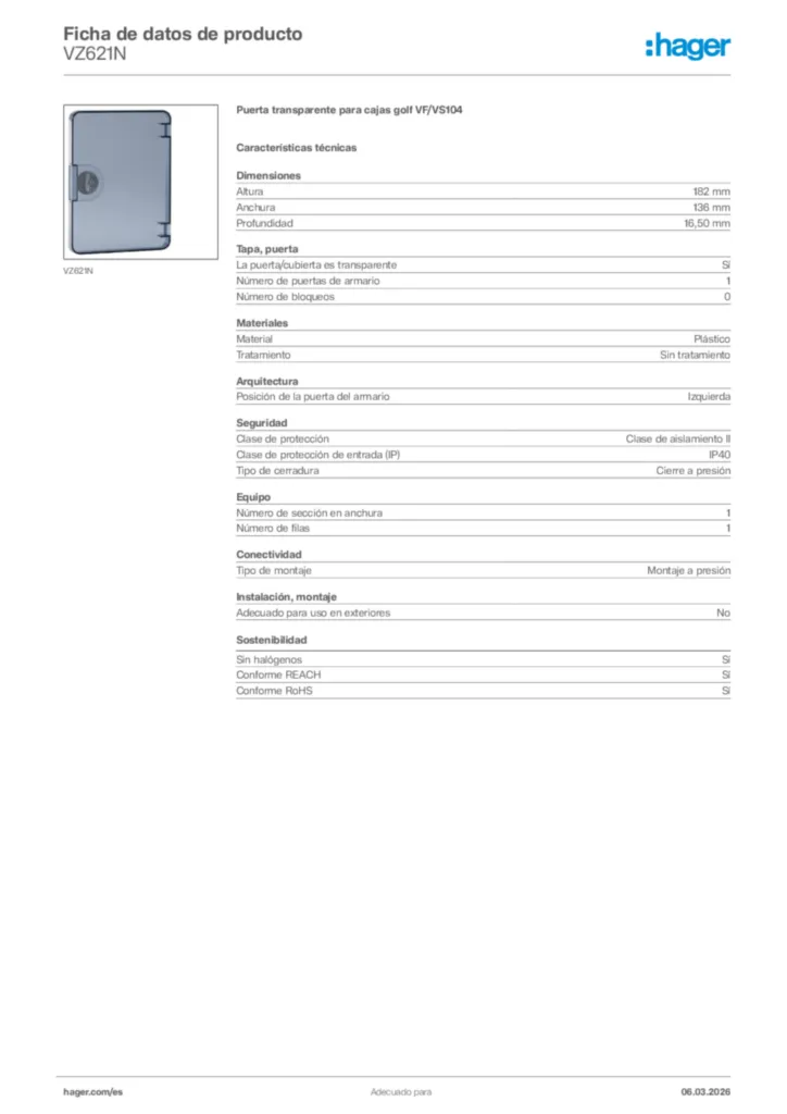 Imagen Hager Ficha de datos de producto VZ621N | Hager España