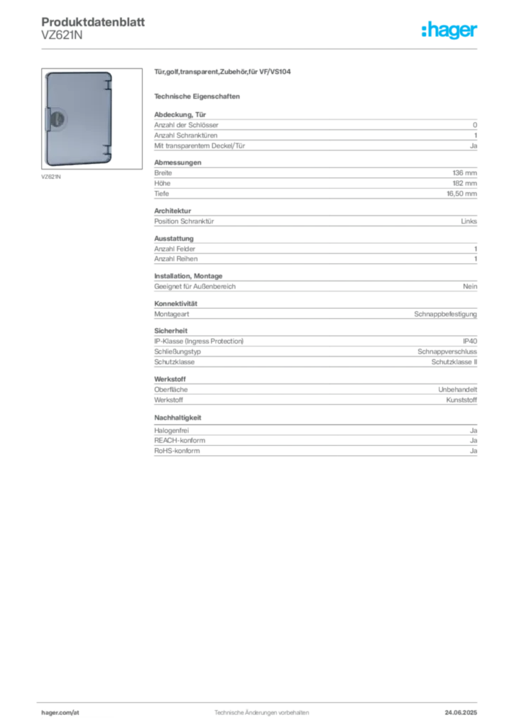 Bild Hager Produktdatenblatt VZ621N | Hager Deutschland