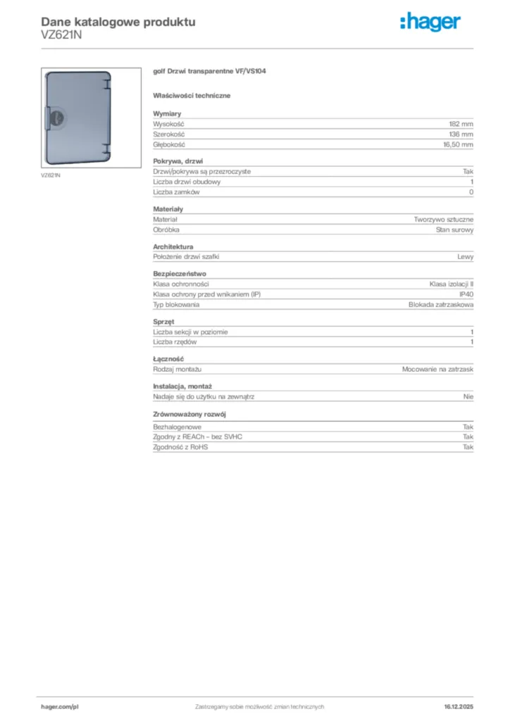 Zdjęcie Hager Karta katalogowa VZ621N | Hager Polska