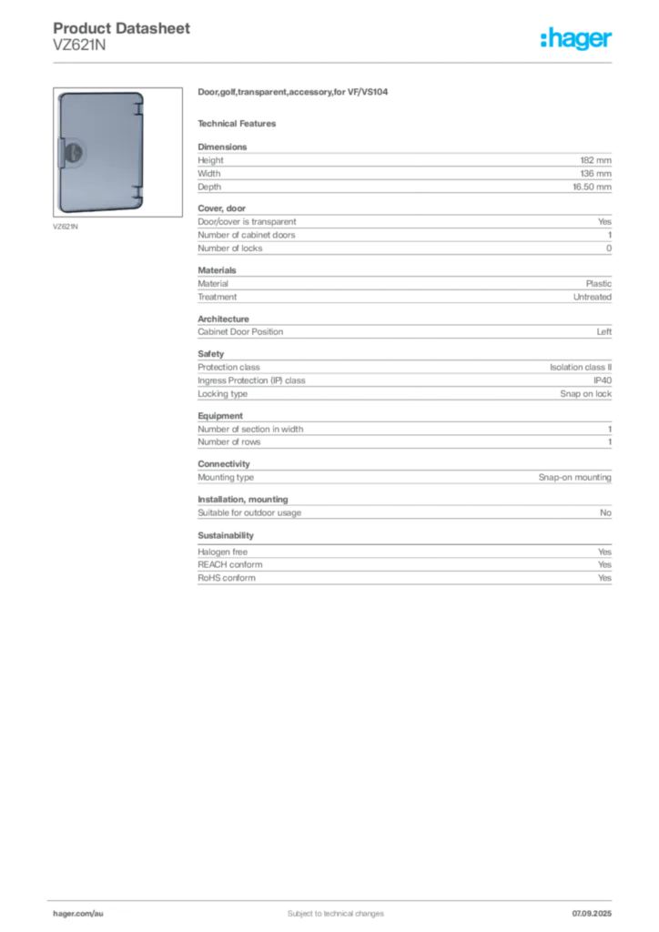 Image Hager Product data sheet VZ621N  | Hager Australia