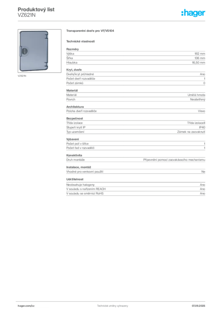 Obrázek Hager Produktový list VZ621N | Hager