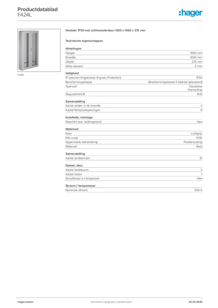 Afbeelding Hager Productdatablad FA24L | Hager Nederland