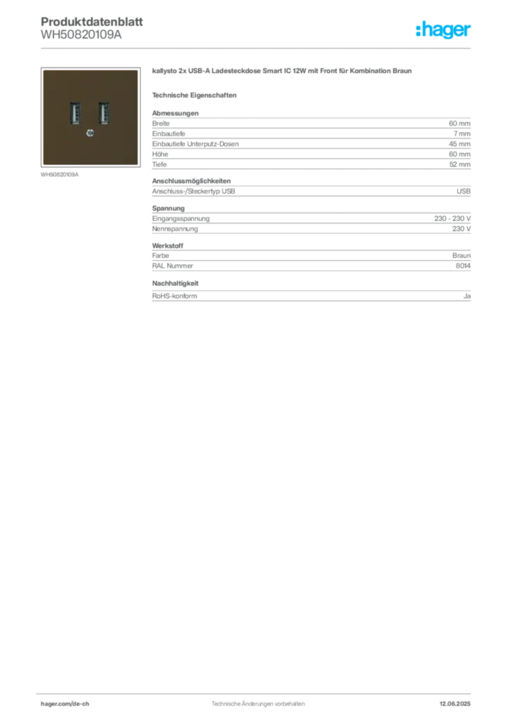 Bild Hager Produktdatenblatt WH50820109A | Hager Schweiz