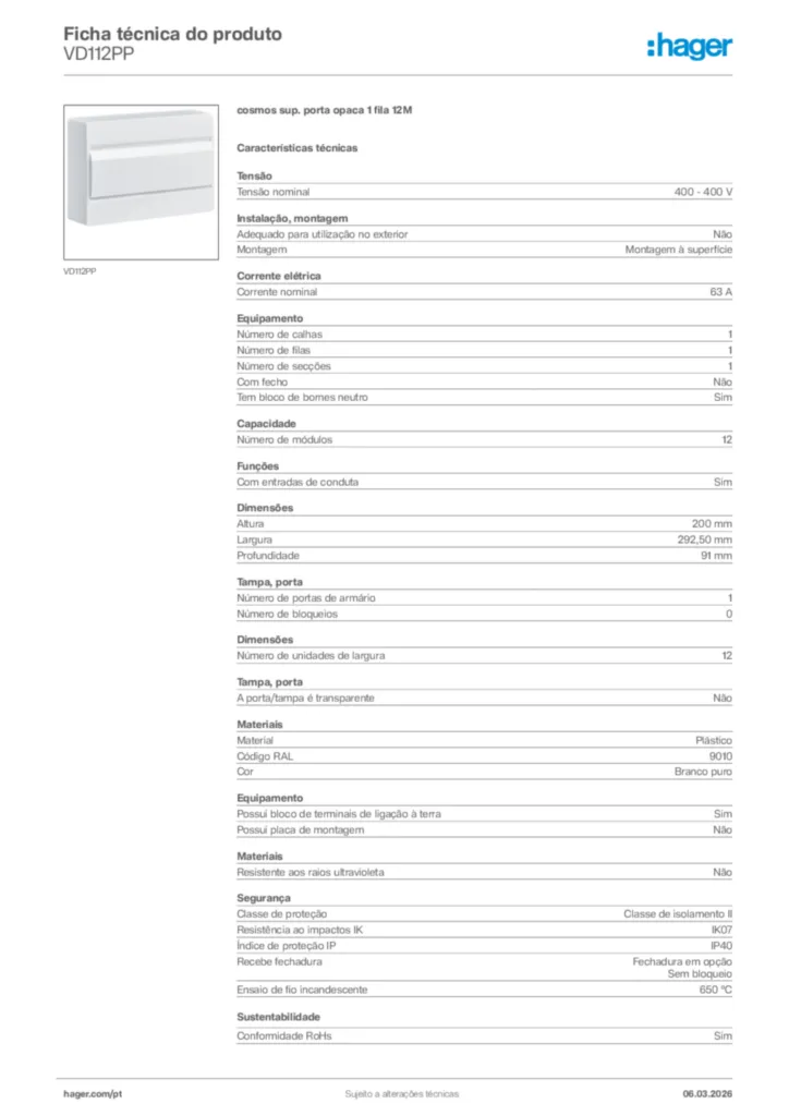Imagem Hager Ficha técnica do produto VD112PP | Hager Portugal