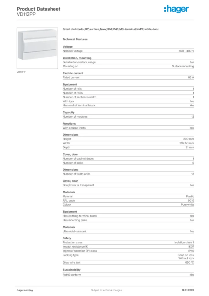 Image Hager Product data sheet VD112PP  | Hager
